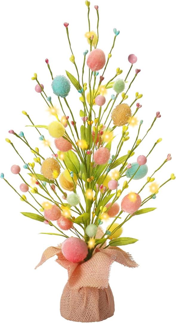 RoseCraft Easter Decorations, Artificial 18 Inch Pre-Lit Easter Egg Tree Tabletop Decor with Delicate Ornaments, for Home Party Wedding Holiday Spring Summer Decoration, Pink/Blue/Yellow.