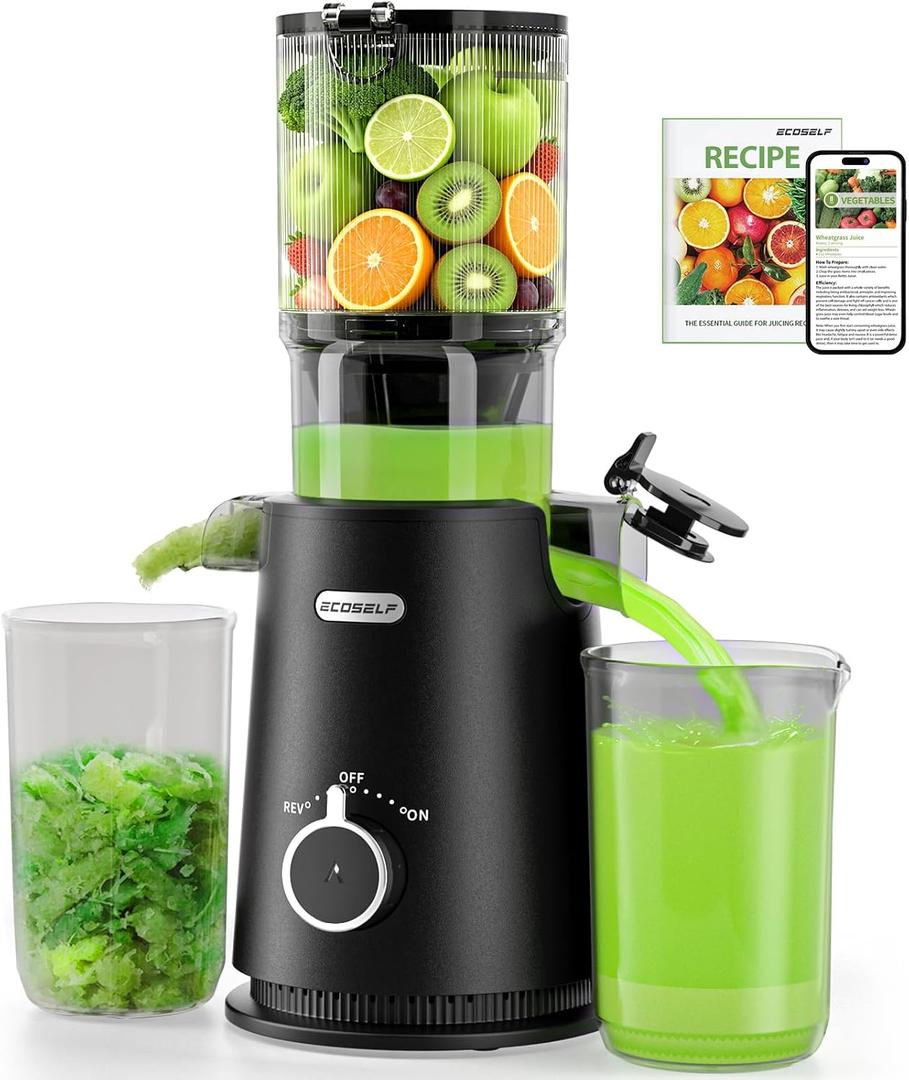ECOSELF Cold Press Juicer - Wide Mouth Feed Chute For Fruits & Vegetables & Leafy Greens - Juice Extractor Machine With Self Feeding & Hands-Free Design - Juicer Machines Easy to CleanWith Brush