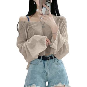 GORGLITTER Women's Mesh Long Sleeve Crop Tops Y2K Drop Shoulder Loose T Shirt Apricot Large