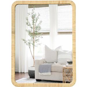 Rectangle Rattan Wall Mirror 22"x28" Rattan Mirror Wooden Framed Wall Mounted Mirror for Bathroom Farmhouse Wicker Mirror for Entryway Living Room Nursery Bedroom Fireplace Nature