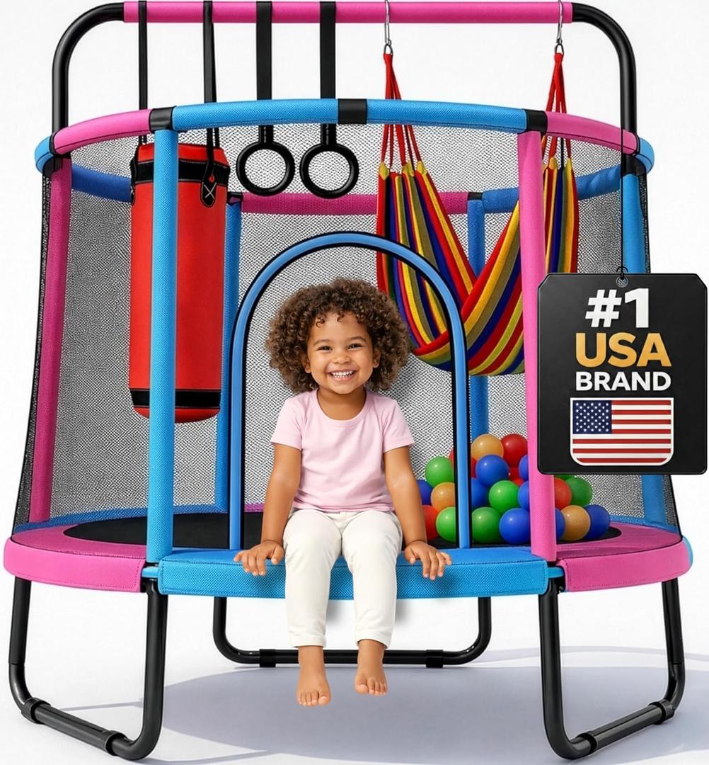 Happin 55 Trampoline for Kids with Safety Enclosure, Indoor & Outdoor Toddler Trampoline, Ultra Safe Design with Multi Activity Accessories, Perfect Toddler Gift for Boys & Girls Ages 18