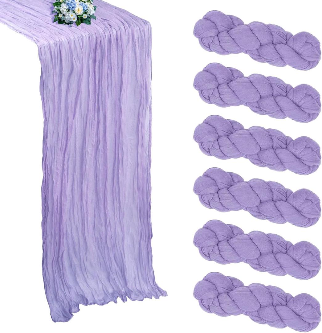 6 Pack Lavender Purple Cheesecloth Table Runner 10FT Boho Cheese Cloths Fabric Table Runners 120 Inch Rustic Sheer for Spring Wedding Birthday Party Baby Shower Home Decorations