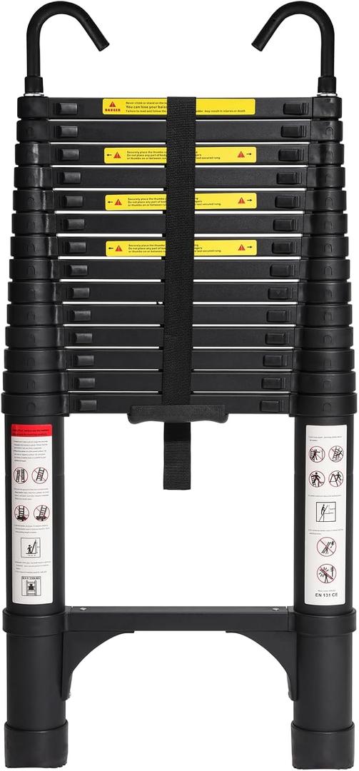 BOCOM 14.5 FT Aluminum Telescoping Ladder with Hooks, Lightweight Multi-Purpose Collapsible Extension with 2 Triangle Stabilizers, Heavy Duty 330 lbs Max Capacity for Home, RV, and Outdoor Work Black