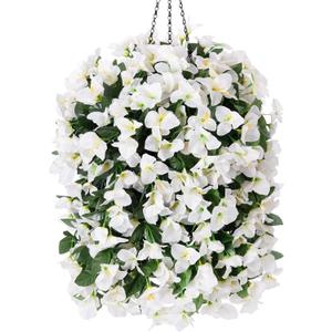 INSPRING Artificial Bougainvillea Faux Flowers Plants Baskets for Outdoor Outside Decoration, 3PCS Fake Silk Flowers Long Trailing Vines UV Resistant Realistic for Front Door Porch Patio (White)