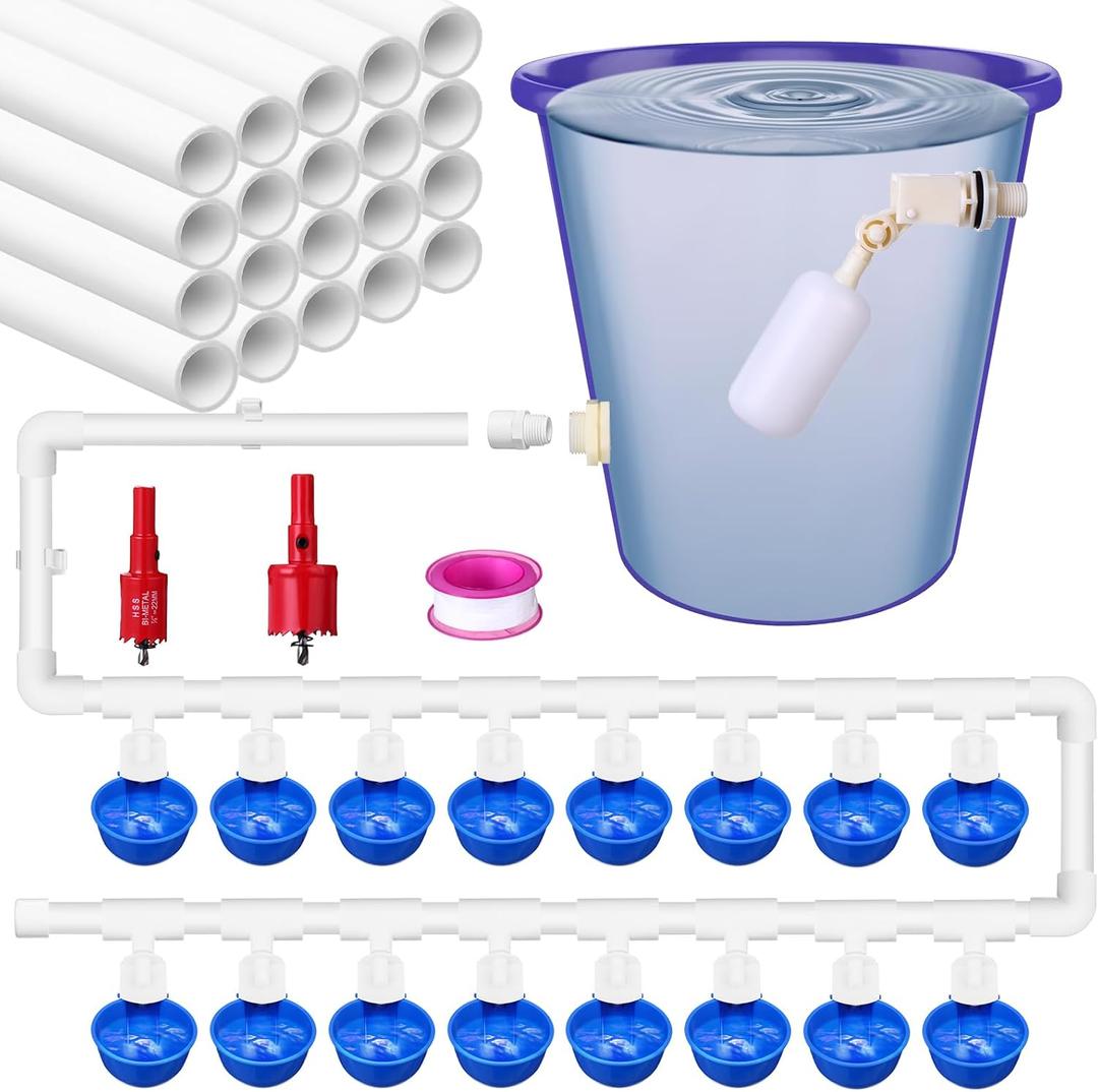 86 Pcs Automatic Chicken Waterer Cups Sets Valve Controlled Chicken Waterer Automatic Refill Chicken Waterer System with Poultry Cups and PVC Tee Fittings for Quail Duck Water Feeder