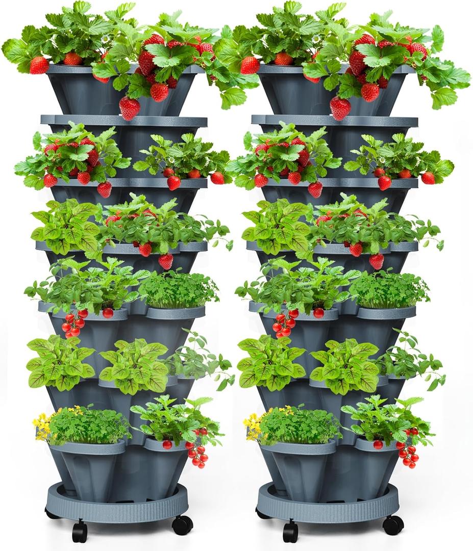 7 Tiered Strawberry Vertical Planter 2 Pack, Stackable Tower Garden Planter Herb Garden Planter with Movable Casters and Bottom Saucer Indoor and Outdoor - Dark Grey (7 Tier-2 Pack)