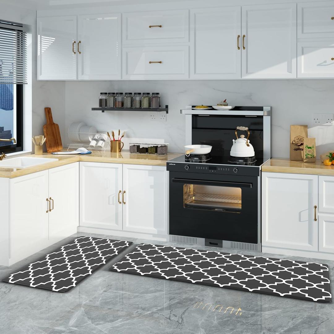 Kitchen Rug Set 2 PCS Kitchen Runner Rug Kitchen Floor Mat, Cushioned Anti Fatigue Non Skid Waterproof Comfort Standing for Kitchen, Home, Office, 17.3"x29"+17.3"x47", Black