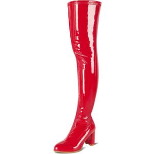 girgod Thigh High Boots for Women Sexy Pointed Toe Over The Knee Boots Cosplay Dance Party Patent Leather Chunky Heels GOGO Knee High Boots (6.5, Red)