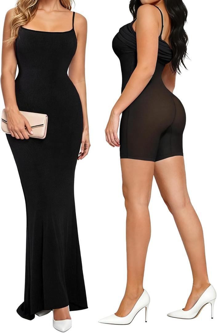 Popilush Formal Dresses for Women Maxi Black Dress Built in Bra Summer Shapewear Tummy Control Bodycon Spaghetti Strap Slip (Large)