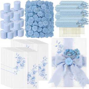 Fullhawl 100 Sets Wedding Invitations Wraps Set Pre Folded Vellum Jackets for 5 x 7 Invitations Dried Flowers Wax Seal Stickers Chiffon Silk Ribbon for Wedding Birthday Bridal Shower Craft DIY (Blue)