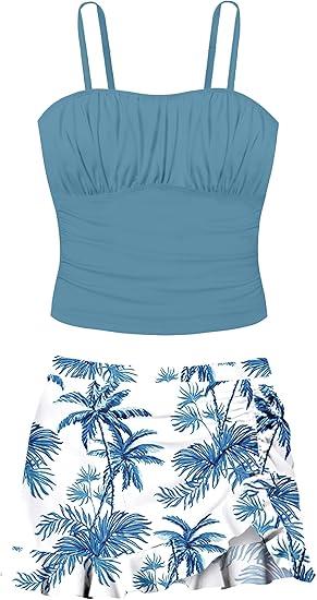 Girls Tankini Swimsuits Two Piece Tropical Print Pleated Bathing Suit with Ruffle Drawstring Skirt Swimwear (13-14 Years(