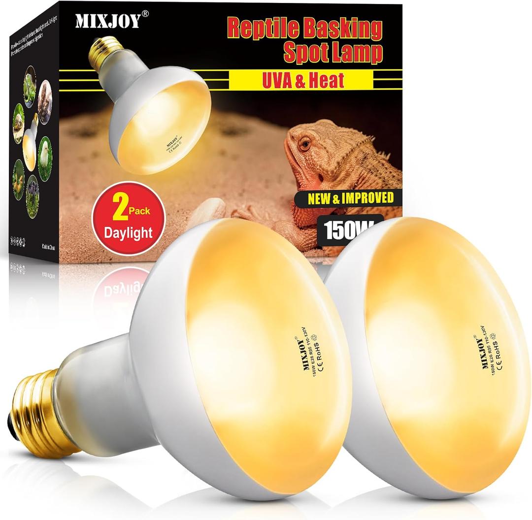 MIXJOY 150W Reptile Heat Lamp Bulbs, 2Pack Heat Lamp Bulbs for Reptiles Basking Bulbs UVA Daylight Basking Light Amphibians Heating Lamp Emitter for Lizard, Tortoise, Bearded Dragon Gecko, Chicken