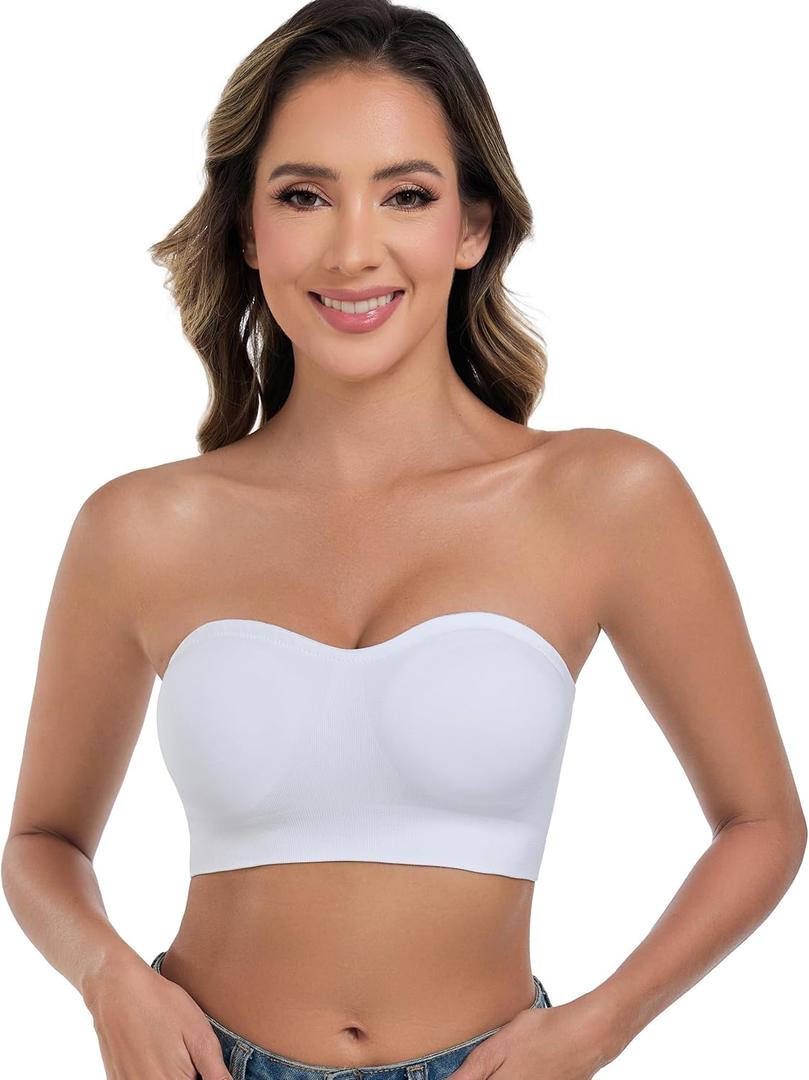 ANGOOL Strapless Bras for Women Wirefree Non-Slip Tube Top Invisible Bralette Seamless Padded Bandeau Bra (Large, White)