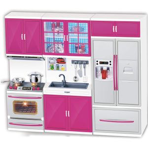 Doll Kitchen Playset for Kids, My Modern Mini Kitchen House Furniture Pretend Play Toy Accessories Set with Realistic Lights & Sounds for Toddlers, Girls (3-in-1)