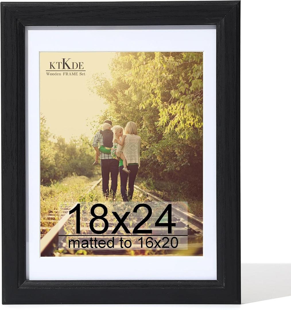 KTKDE 18x24 Poster Frame Real Glass,Black Picture Frame Display Pictures 16x20 with Mat or 18x24 Without Mat, Modern Style Wood Composite Frame,Gallery Wall Frame Wooden ，best gift