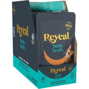 Reveal Tuna Fillet Bone Broth Cat Food Topper 6-Pack 3 oz Pouches | Natural Source of Hydration & Collagen, Limited Ingredient, Grain Free, High Quality, No Fillers, No Artificial Additives (EXP 11/06/27)