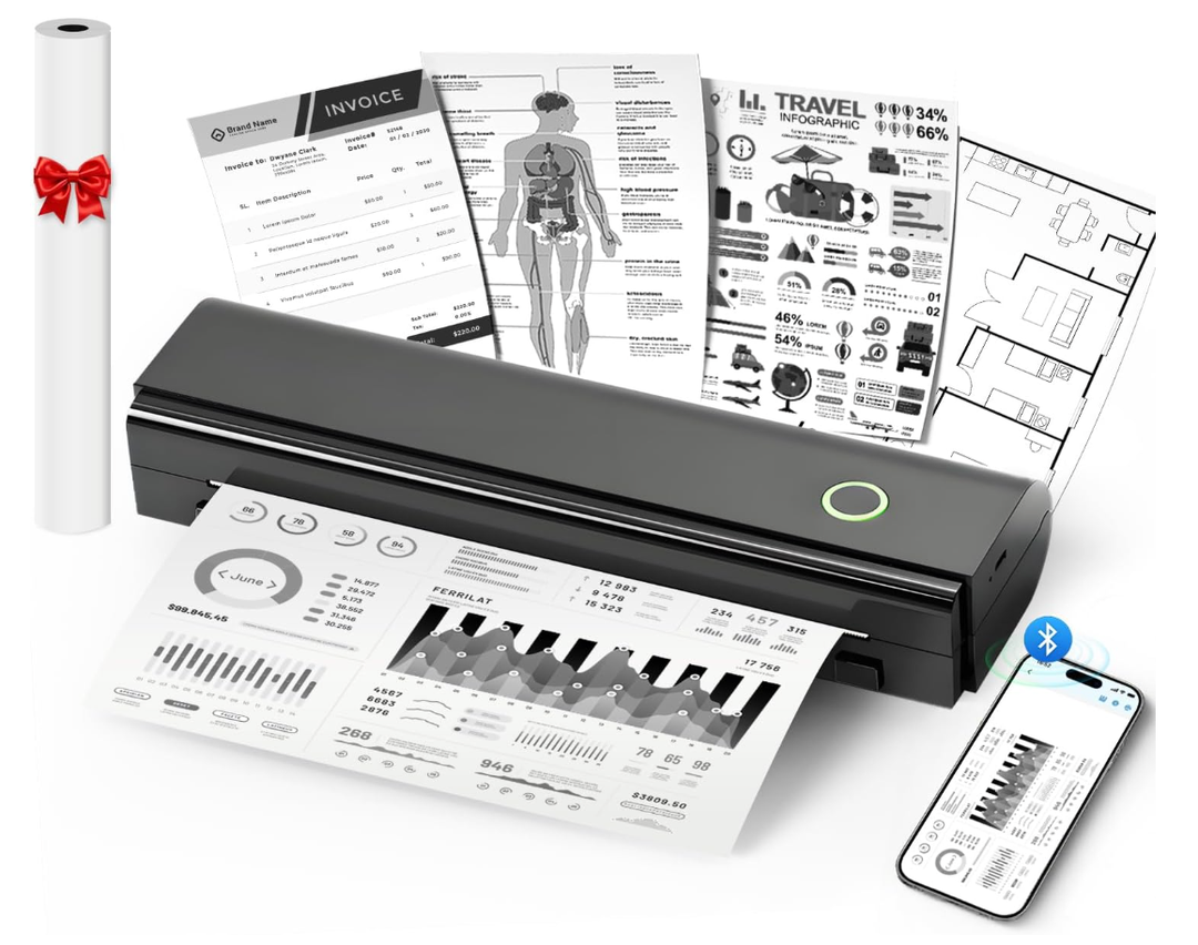 NDYIN Portable Printers Wireless for Travel, N80 Wireless Thermal Printer Bluetooth Inkless Printer Support 8.5" X 11" US Letter & A4, Compatible with iOS, Android, Laptop
