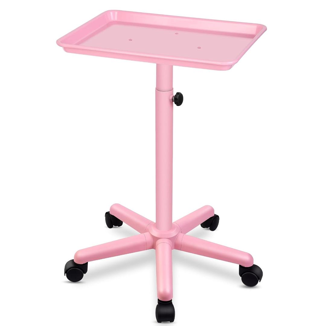 Salon Seor Pink Salon Tray with Wheels, Height Adjustable Hair Color Service Tray for Spa, Tattoo, or Home Use