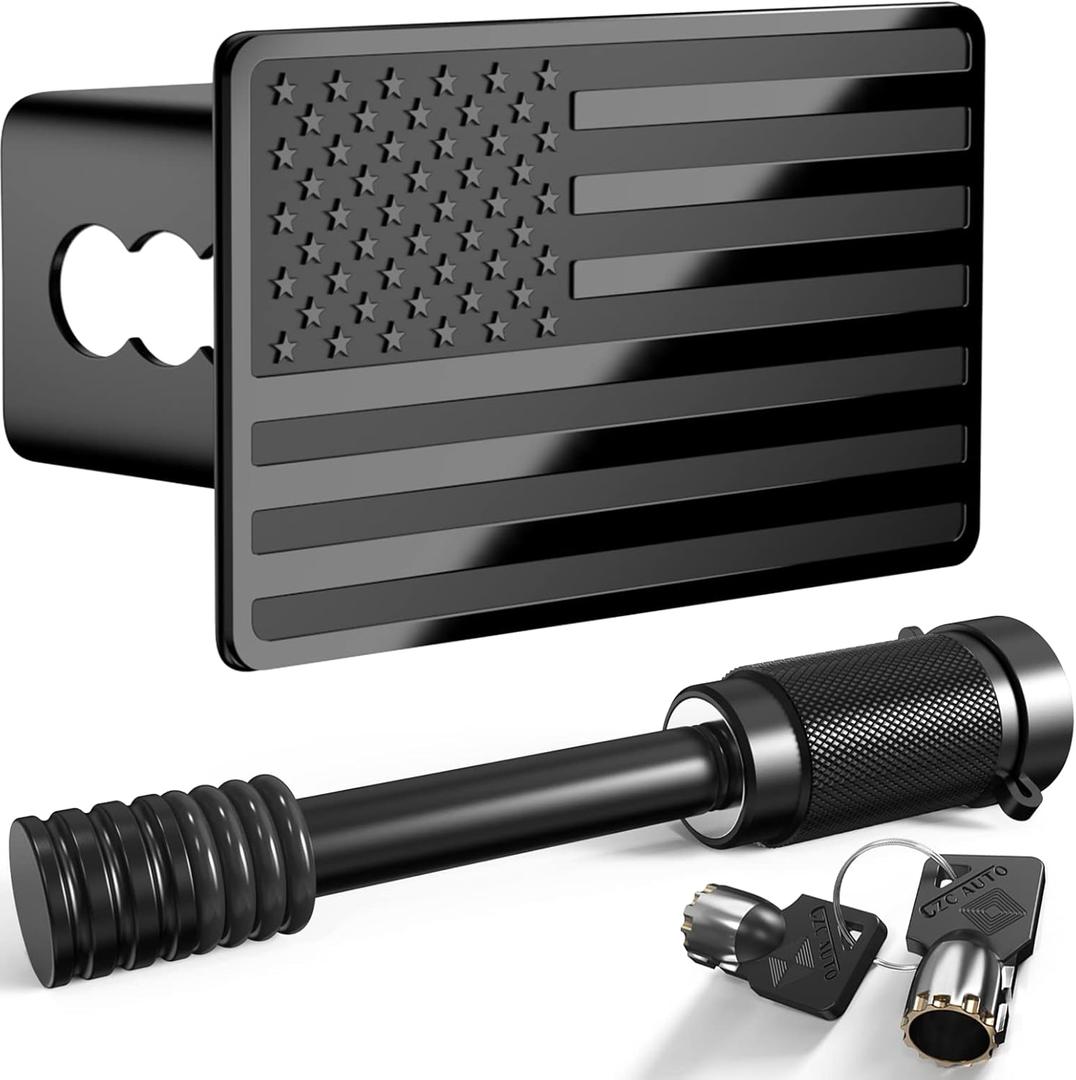 Heavy American Flag Metal Trailer Hitch Cover for 2 Inch Receivers, Tow Hitch Covers 2 Inch for Truck Accessories (with 5/8-Inch Pin Diameter Trailer Hitch Lock) (Black)
