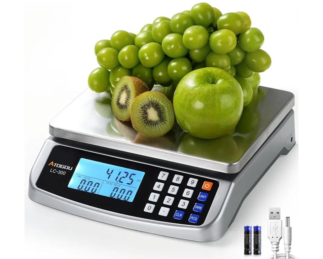 Atogou 110lb Food Scale, Commercial Kitchen Scale with Price Computing, Plug-in Usable, 0.05oz/1g, 304 Stainless Steel, for Cooking, Vegetables, Farm, Industry, Counting. LC300 Silver