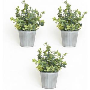 3-Pack Artificial Eucalyptus Plants in White Ribbed Galvanized Metal Pots, Small Fake Greenery Potted Plants for Home Decor, Rustic Farmhouse Table Centerpiece for Kitchen, Bathroom, Bedroom & Office