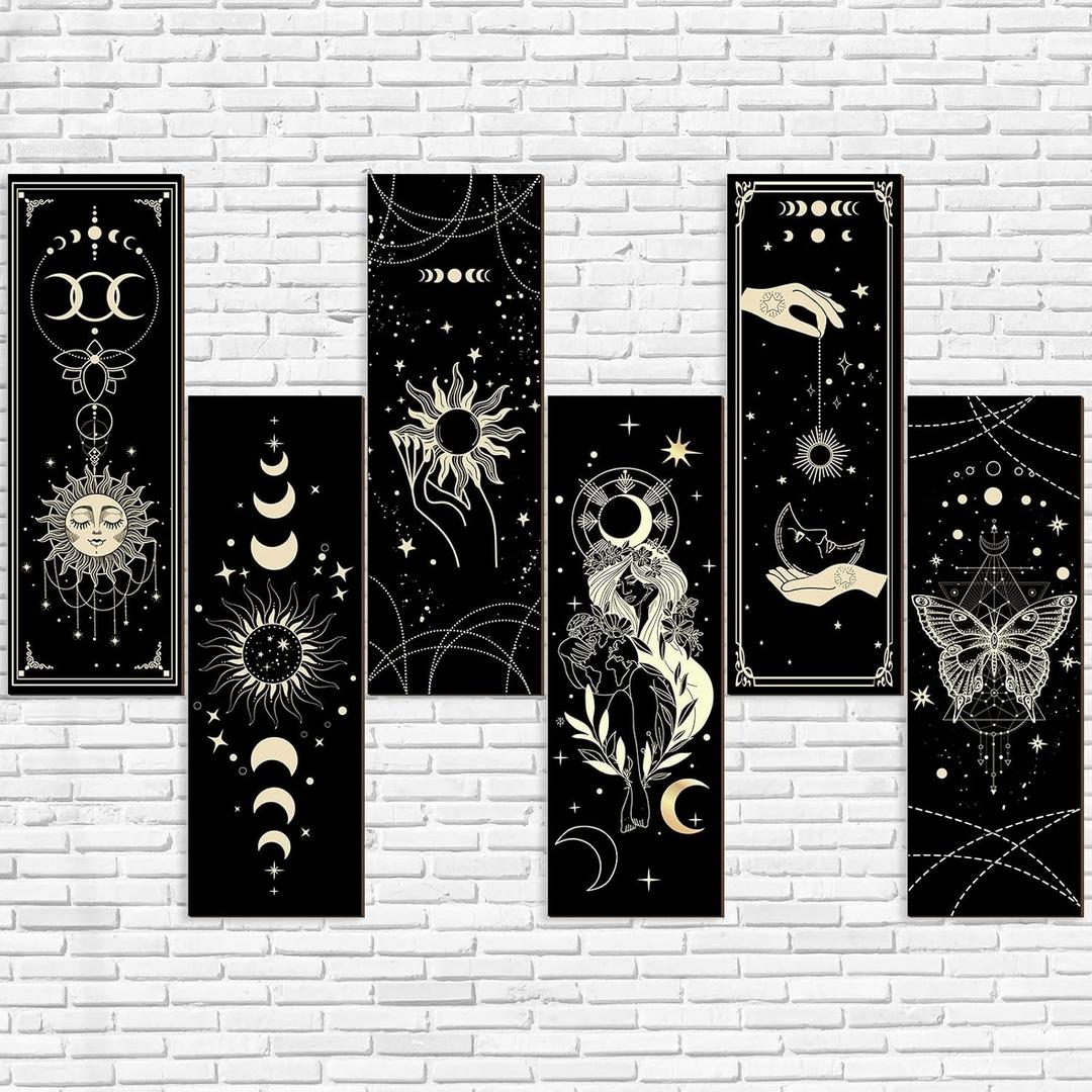 6 Pieces Wall Decor Gothic Boho Wall Art Sun Moon Phases Hanging Rectangular Wooden Minimalist Vintage Sign Plaque Farmhouse Pediments for Home Living Bedroom