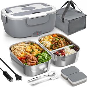 Electric Lunch Box for Adults - 80W Fast Heated Lunch Box for Men&Women with Dual 1.5L Stainless Steel Containers Fast Heating Portable Food Warmer for Car&Truck lonchera elctrica porttil (Gray)