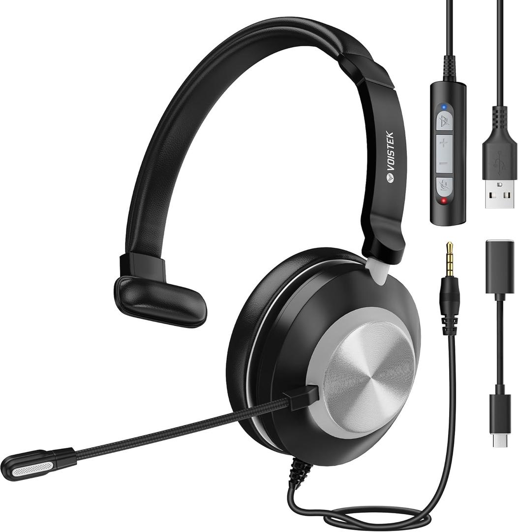 Voistek USB Headset with Microphone for PC Laptop, Wired Computer Headset with Noise Cancelling Mic, Mono Headphones with in-Line Control & Mic Mute for Work from Home, Office, Teams, Zoom, Skype