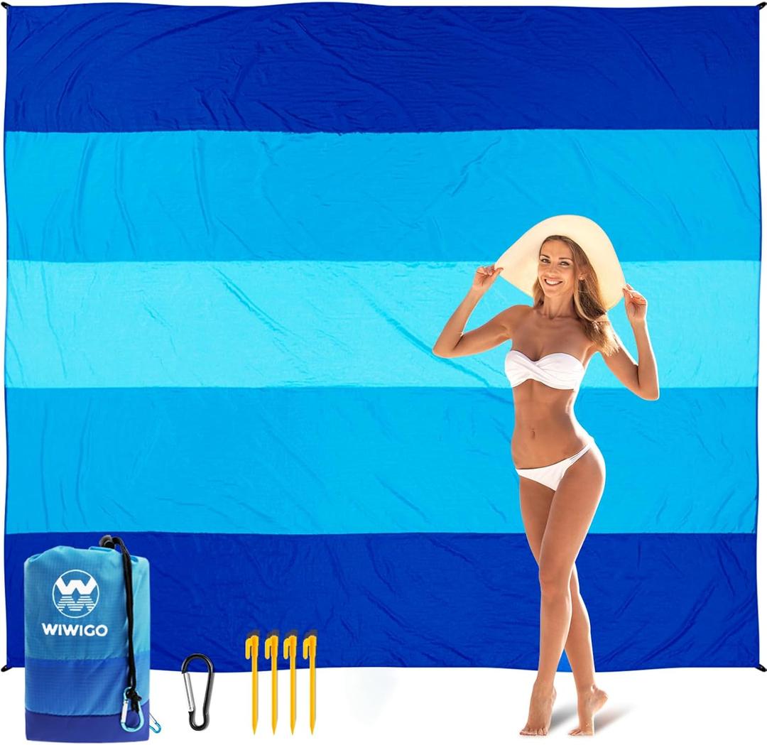 WIWIGO Beach Blanket Sandproof Extra Large Beach Mat Adults Waterproof Quick Drying Sand Free Mat Made by Premium Polyester with 4 Stakes & 4 Corner Pockets for Outdoor Travel Camping Hiking (108"X 120", 5 Blue Striped)