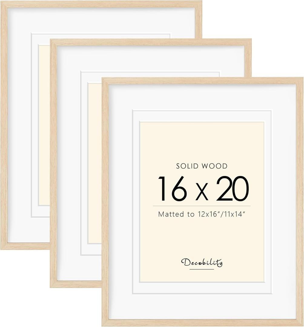 16x20 Picture Frames Matted for 11x14 and 12x16 Picture, Set of 3 Solid Wood Picture Frame with Plexiglass, Wall Gallery Frame Set for Tabletop or Wall Mounting Display (3 Pack of Oak)