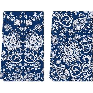 Artoid Mode Blue Floral Paisley Kitchen Towels Dish Towels, 18x26 Inch Seasonal Spring Decoration Hand Towels Set of 2