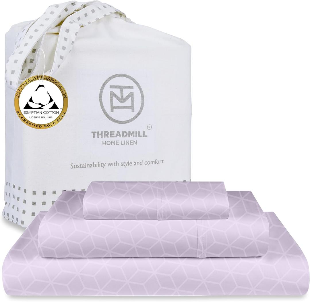 Threadmill Egyptian Cotton Twin XL Sheet Set | 100% Certified Egyptian Cotton Sheets for Twin XL Size Bed | Damask Jacquard Twin XL Bed Sheets Deep Pocket | Soft 3 Pc Cooling Sheet Set | Lilac