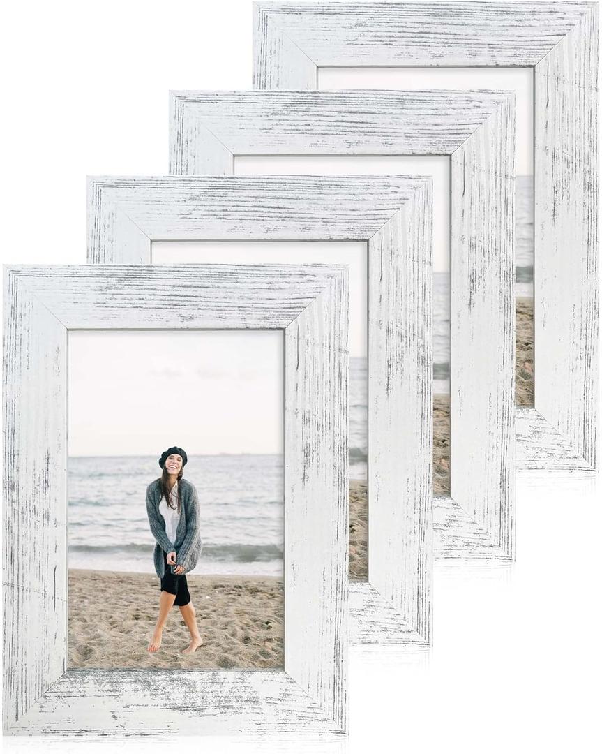 iRahmen 4x6 Picture Frame Set of 4, High Definition Glass Distressed White Frame, 4 x 6 Wood Photo Frames for Tabletop Display and Wall Mounting