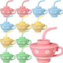 Zhehao 12 Pieces Plastic Tea Cups with Lids and Straws for Tea Party Kids, 9 oz Reusable Creative Party Cups Bulk for Birthday Baby Shower Princess Supplies