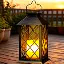 14" Large Tempered Glass Solar Lanterns Outdoor Waterproof | Solar Hanging Lantern for Outside with Flickering Candle, Vintage Decor Lamps for Gift Wall Garden Yard Patio, Bronze