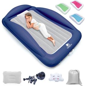 Sleepah Inflatable Toddler Travel Bed Portable Kids Air Mattress Set w Safety Rail Guards for Kids & Toddlers  Includes Pump, Carry Case, Pillow & More - Perfect Transitional Cot Coral (Grey)