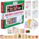 48 Piece Merry Christmas Craft Kit Wooden Stamp Set with Ink Pads Colored Pencils Stickers Cards Envelopes DIY Holiday Card Making Set for Kids Adults Classrooms Festive Family Fun