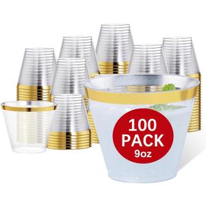 Hioasis 100PCS Gold Plastic Cups,9Oz Gold Rimmed Plastic Cups,Clear Plastic Cup with Gold Trim,Heavy Duty Clear Disposable Plasitc Cup for Party,Wedding,Reception