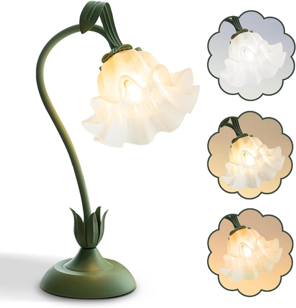 AQDZCNF Flower Table Lamp,LED Reading Light Bedside Vintage Flower Night Light,3 Colors Modes Kawaii Bedside Lamps Decor,Living Room Bedroom Room Lighting Table Lamps Home Decoration (Green)
