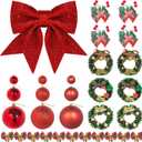 30pcs Christmas Ornaments Set-Red Glitter Bow Red Hanging Metal Jingle Bells Mini Bow with Bells Mini Wreath Ornaments Balls for Christmas Tree Ornament Decoration Home Holiday Party
