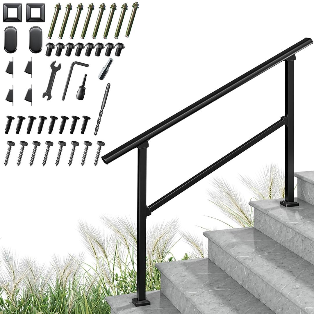 Upgrade 4-Step Outdoor Handrail Kit - Black Transitional Hand Rail for Outdoor Steps (3-4 Steps)