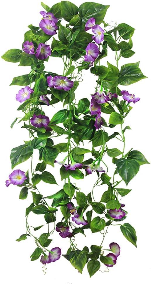 Artificial Vines 15Feet Silk Flower Garland for Outdoors Purple Morning Glory Vine Artificial Flowers Hanging Plants Garland Fake Green Plant 2Pcs for Wall Fence Indoor Wedding Banquet Decor