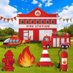 7 Pcs Firetruck Birthday Decorations Firefighter Party Favors Large Fire Truck Cardboard Cutouts Firetruck Hydrant Fire Station for Firefighter Fireman Birthday Party Supplies Photo Backdrop, 19.69 x 12.36 inches