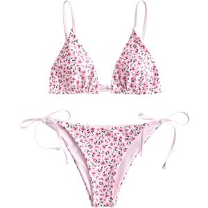 ZAFUL Women's Triangle Bikini Floral String Bikini Set Two Piece Swimsuit Bathing Suits (Medium, 2-Pig Pink)