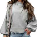 EVALESS Women's 2024 Lantern Long Sleeve Crewneck Sweater Casual Solid Color Ribbed Hem Knitwear Pullover Cropped Tops, Small