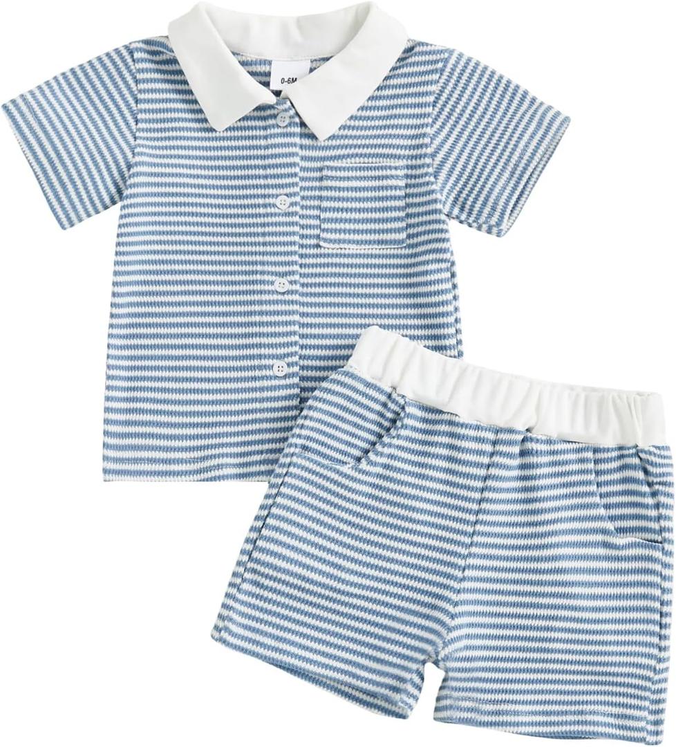 Baby Toddler Boy Clothes Striped Button Down Shirt Tops + Elastic Waist Shorts Infant Boys Summer Outfits 2PCS Sets (A Blue, 2-3T)