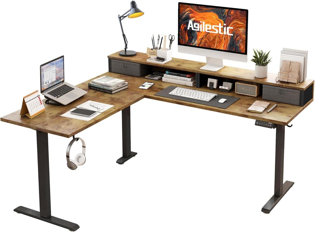 Agilestic L Shaped Electric Standing Desk with 2 Drawers, 63 Inch Ergonomic Adjustable Height Desk with Storage, Corner Desk Sit Stand up Computer Table for Work Office Home, Rustic Brown