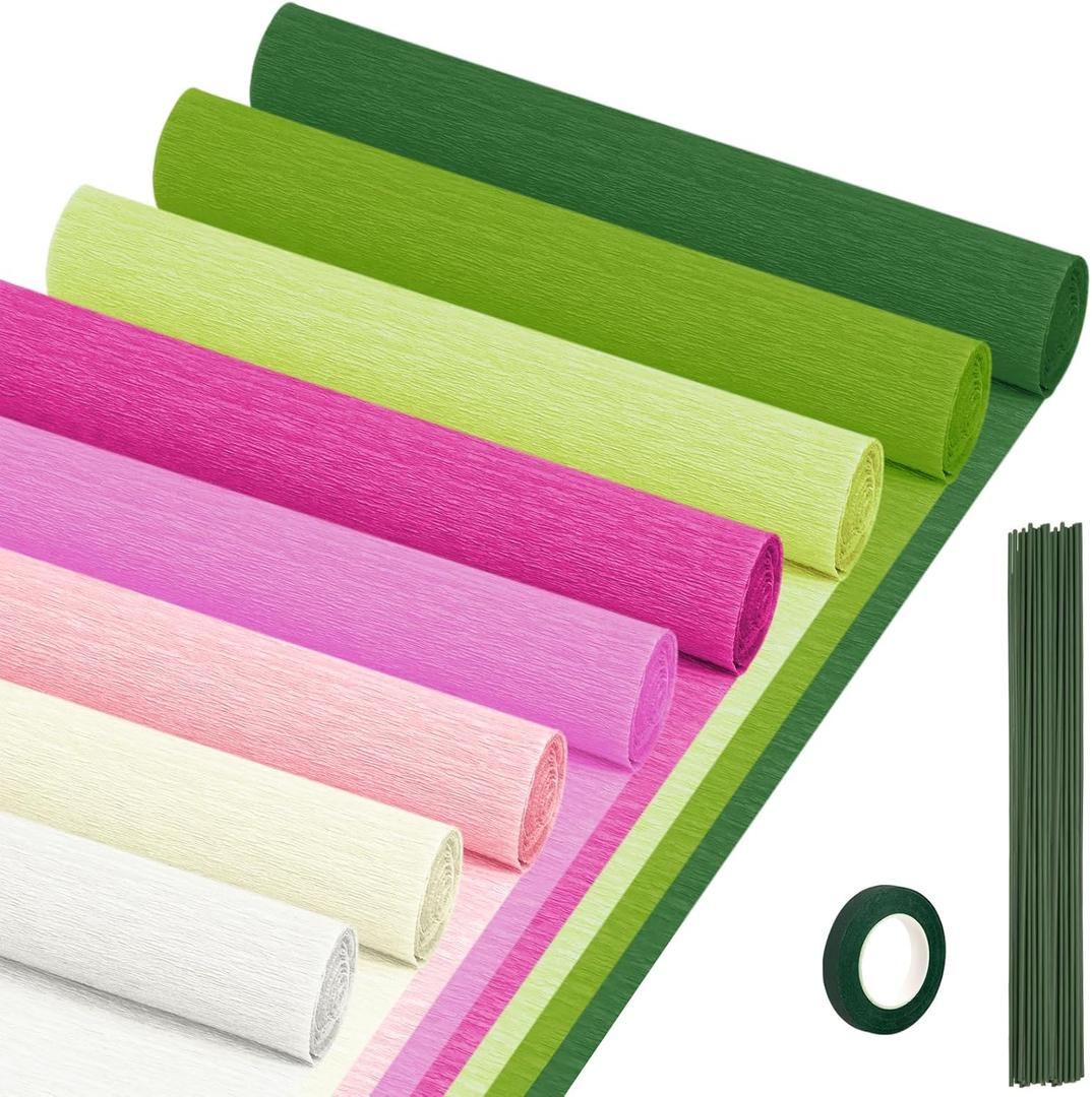 Crepe Paper Streamers 8 Rolls, 10 x 98Inch 8 Pink&Green Colors Crepe Paper Sheets for DIY Gift Colourful Paper Flower Wrapping Paper Crafts Birthday Wedding Holiday Party Decorations