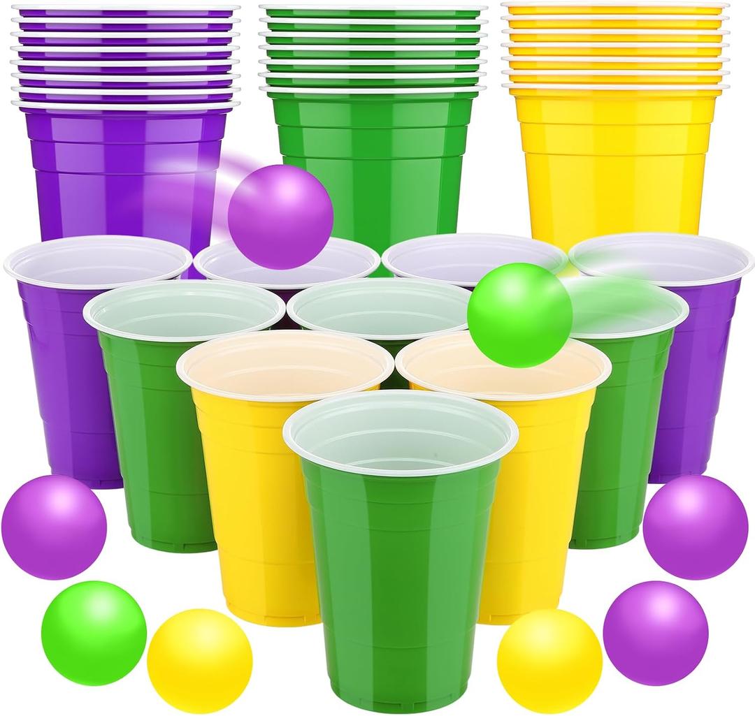 22 Pcs Mardi Gras Party Cup Set 16 oz Purple Green Yellow Beer Plastic Cups with 8 Balls Carnival Party for Indoor Outdoor Event Fun House Parties Favors