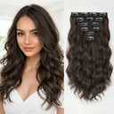 KooKaStyle Short Hair Extensions 6PCS 14 Inch Wavy Curly Hairpieces Synthetic Soft Lace Weft Clip in Hair Extensions-Chestnut Brown for Women